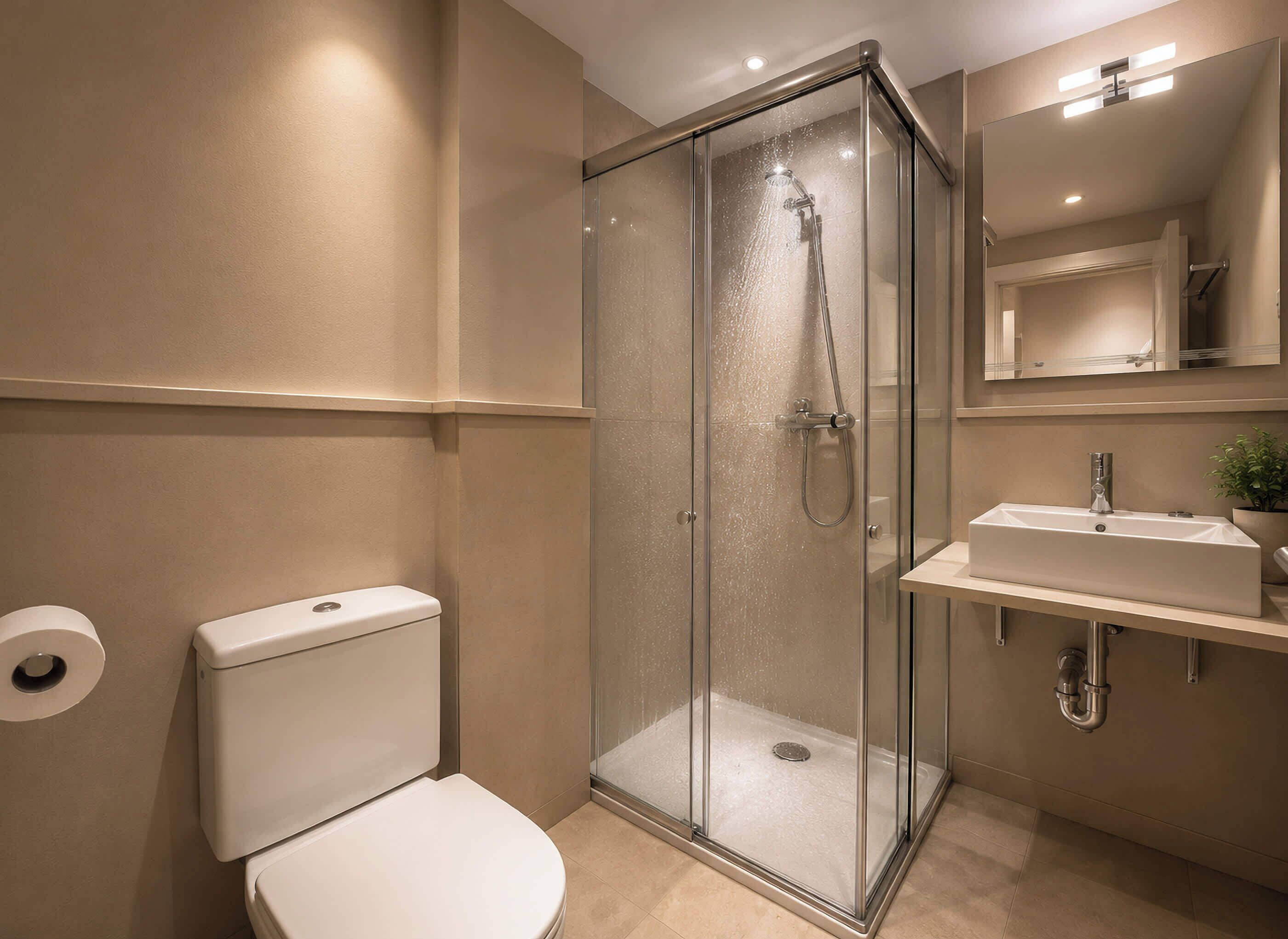 Un baño moderno con ducha de vidrio, inodoro, lavamanos y espejo.