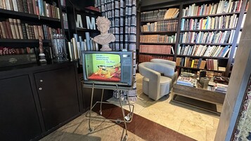 Una habitación con una estantería llena de libros, un televisor sobre un mueble bajo, una silla y un busto decorativo.