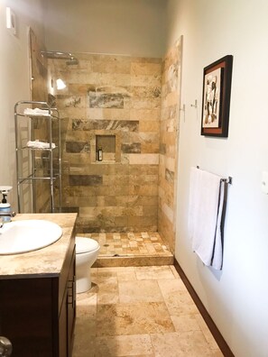 Shower, towels, soap, shampoo