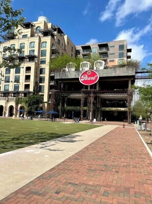 Experience the Pearl hotel's unique blend of architectural styles in a serene courtyard setting.