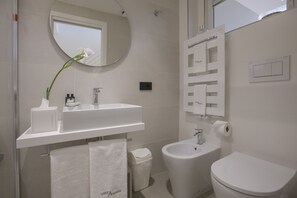 Shower, hair dryer, bidet, towels