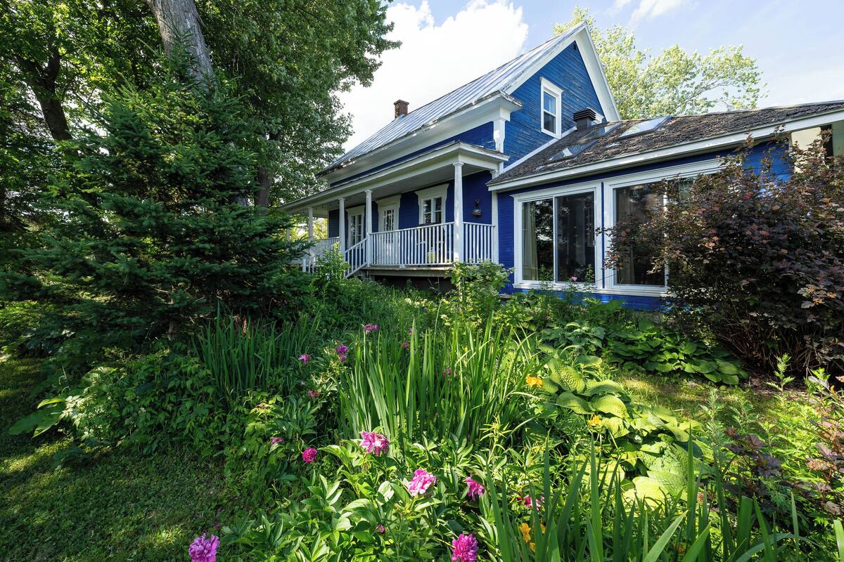 A blue house with a porch, surrounded by lush greenery and flowering plants.