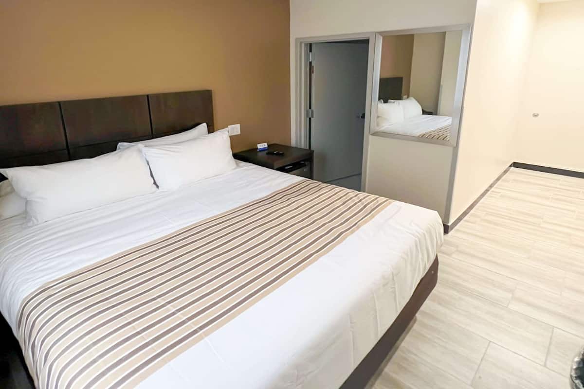 Habitación de hotel con una cama grande, una mesita de noche, un espejo y una puerta que da a un armario.