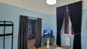 A room with a bed, a TV, a radiator, and a window with curtains.
