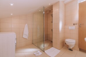 Shower, eco-friendly toiletries, hair dryer, towels