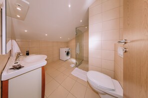 Shower, eco-friendly toiletries, hair dryer, towels