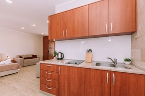 Fridge, stovetop, electric kettle, toaster