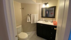 A bathroom with a toilet, sink, and mirror. - Bright and Clean Basement Apartment,5 min to Lakes. (Richmond Hill)