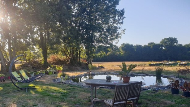 Un área de estar al aire libre tranquila con una mesa y sillas, rodeada de plantas en macetas y un pequeño estanque.