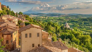A hillside village with traditional buildings, a prominent church, and rolling hills in the background. - test property. do not book (London)