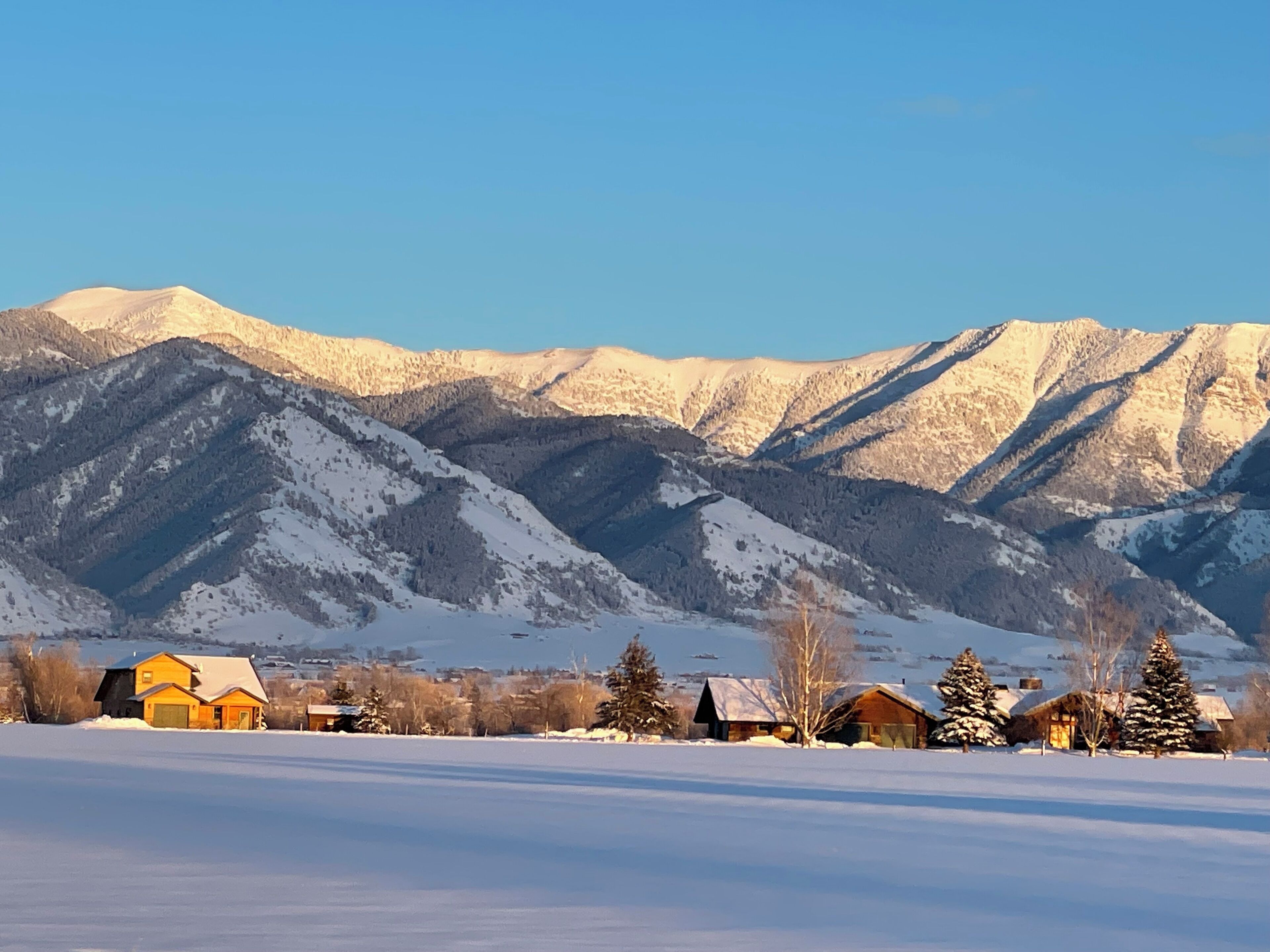 A snowy landscape with mountains in the background and a row of houses in the foreground.