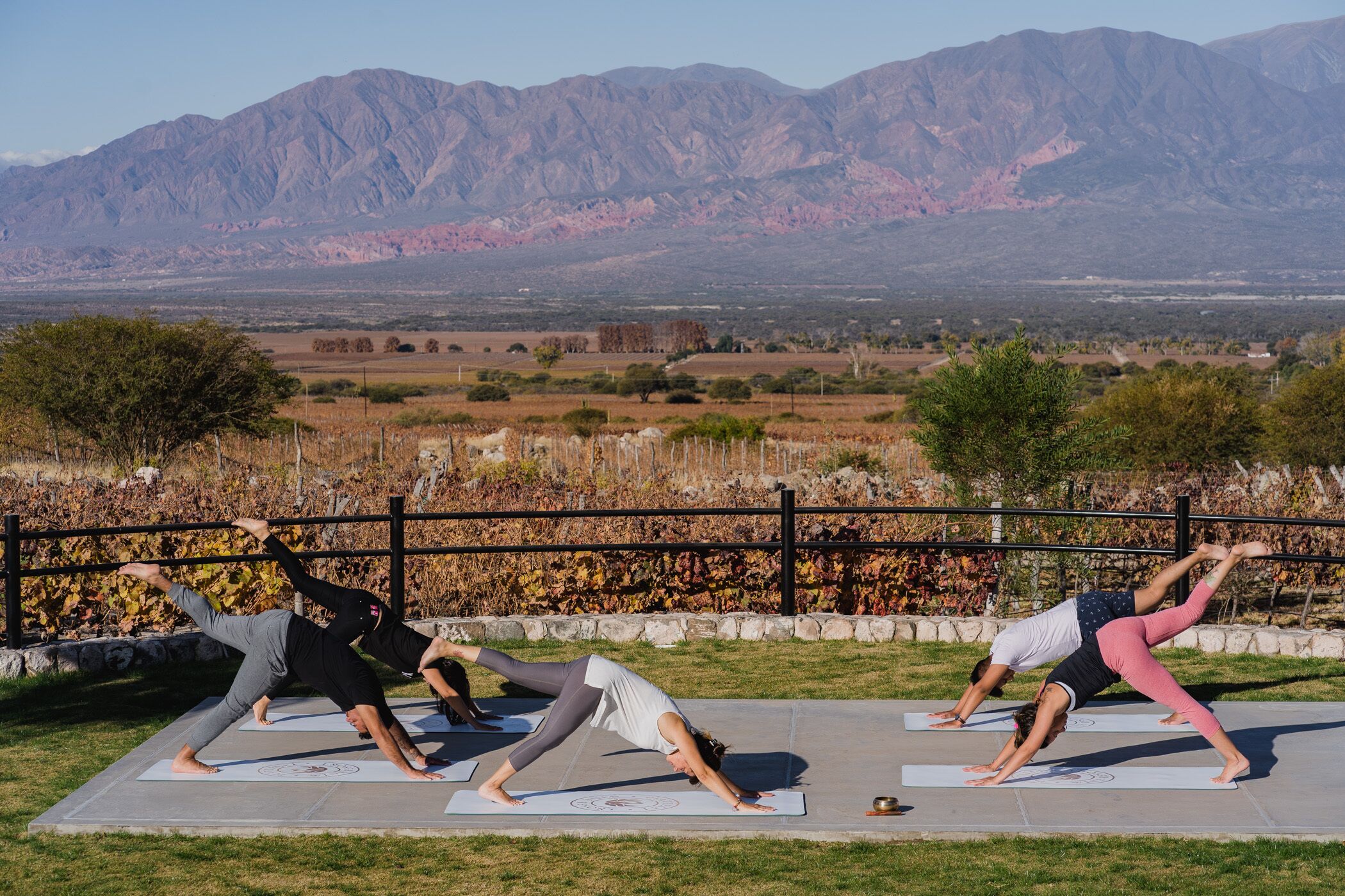 Trois personnes pratiquent le yoga sur des tapis, en plein air, avec une chaîne de montagnes en arrière-plan.