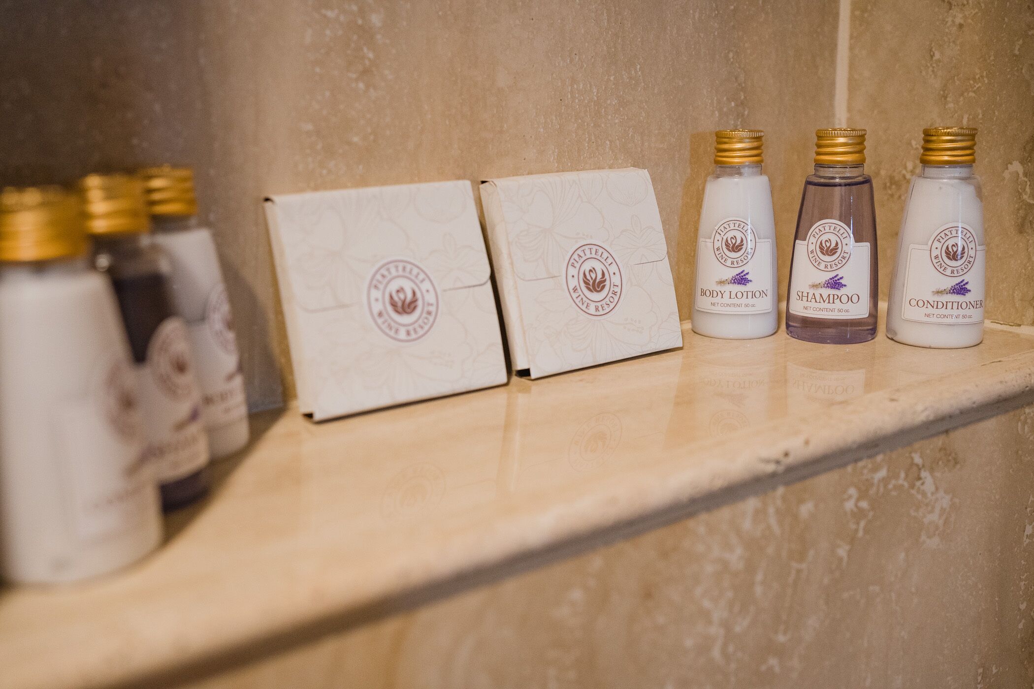 A shelf with three bottles of body lotion, shampoo, and conditioner, and two boxes with a floral design.
