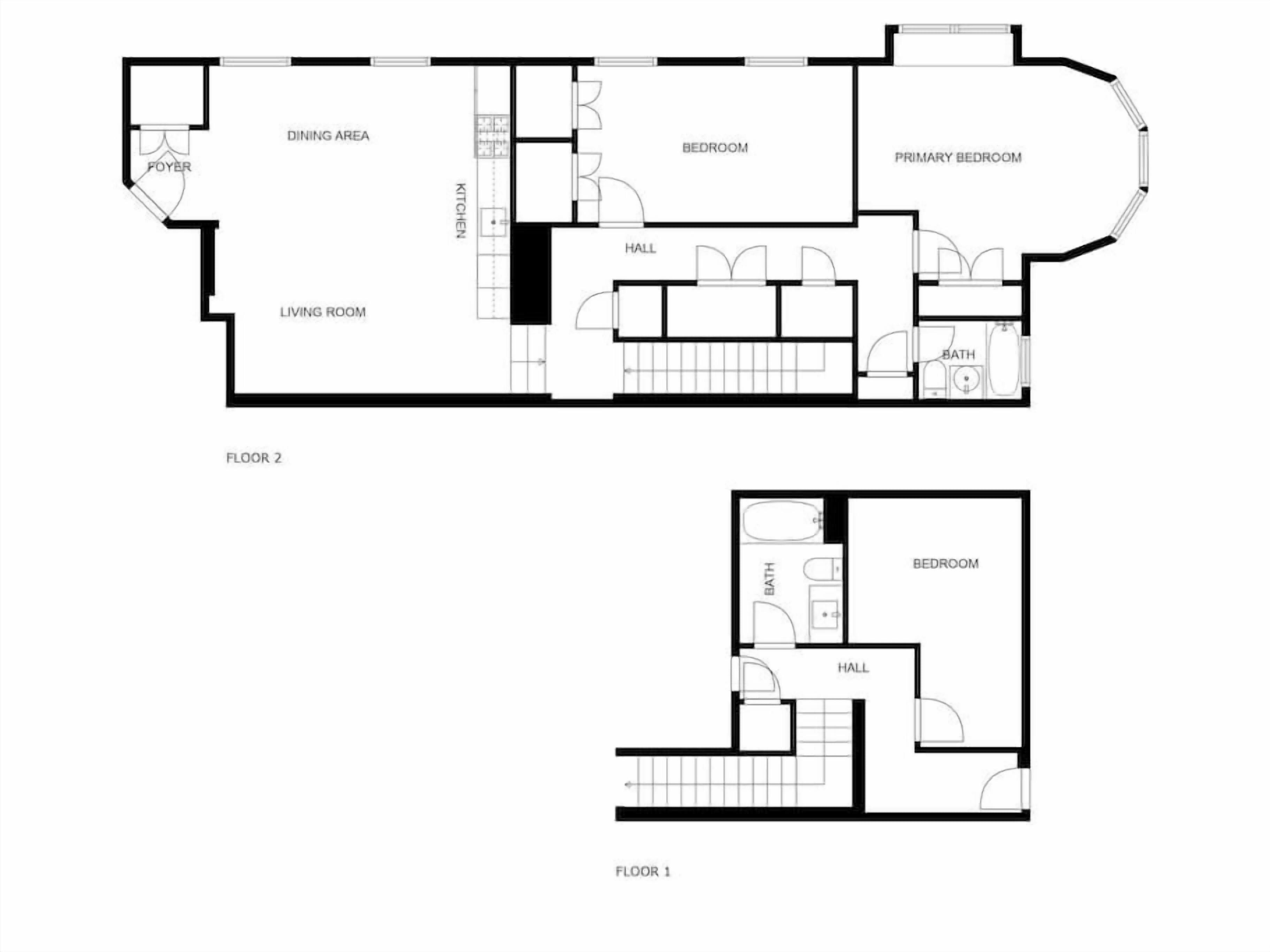 A floor plan of a hotel with two floors. Floor 2 includes a dining area, foyer, living room, kitchen, bedroom, primary bedroom, and hall. Floor 1 has a bedroom, bathroom, and hall.