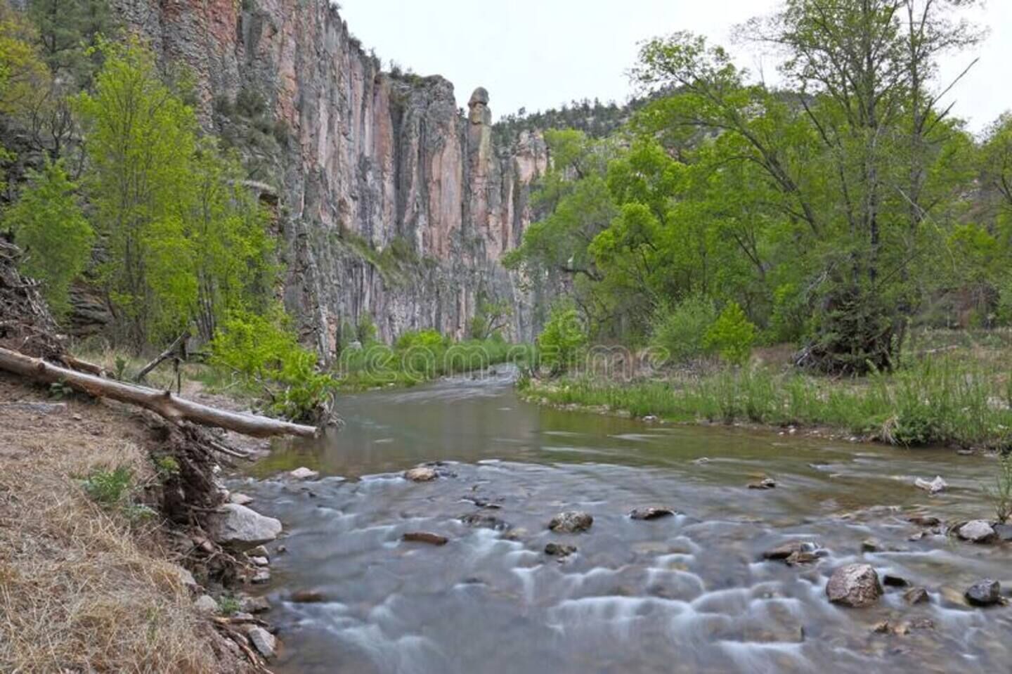 A river flowing through a canyon with rocky terrain and sparse vegetation.