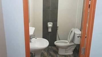 Un bany petit amb vàter, rentapans i dispensador de tovalloles.