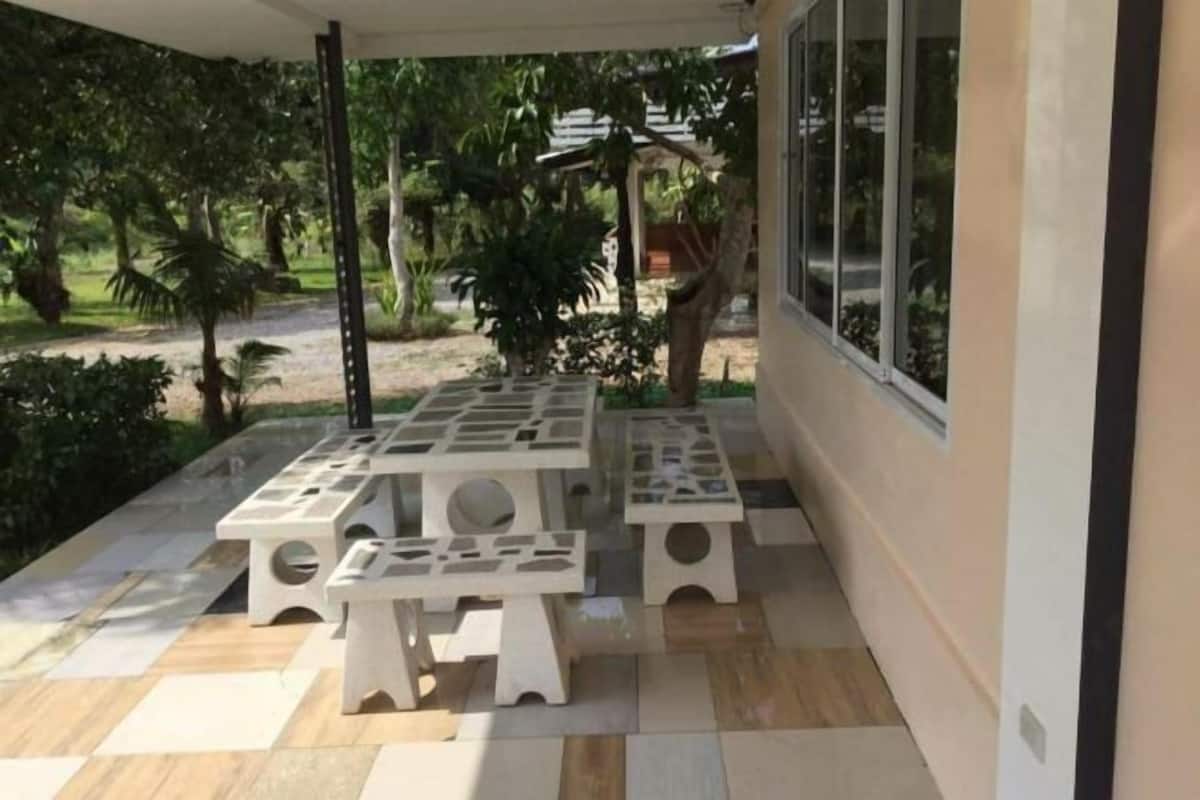 An outdoor patio area with a table and benches, surrounded by a garden with various plants and trees.