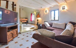 Televisión, chimenea, reproductor de DVD y futbolito 