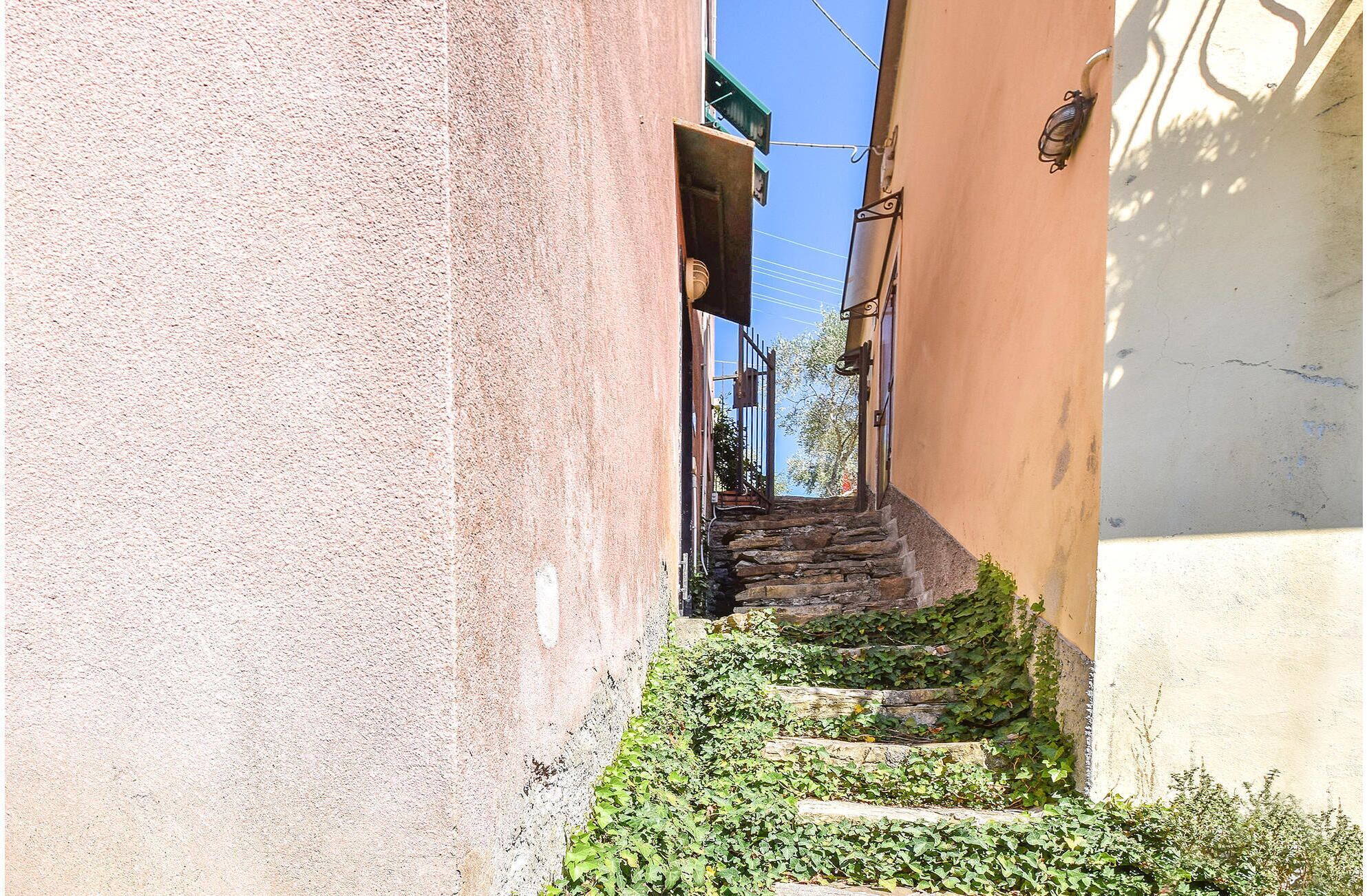 A narrow alleyway with stone steps leading to a door, flanked by buildings with a rustic appearance.