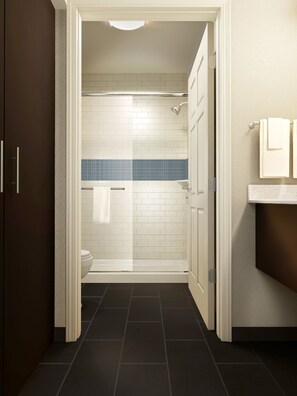 Hair dryer, towels, soap, shampoo