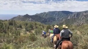 Eine Gruppe von Personen reitet auf Pferden auf einem Bergpfad mit Blick auf die umliegende Landschaft.