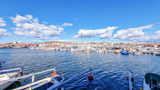 Un puerto deportivo con barcos amarrados, una vía fluvial y un pueblo con edificios de tejados rojos al fondo.