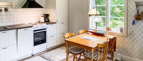 Fridge, stovetop, dishwasher, coffee/tea maker