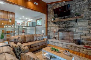 Smart TV, fireplace, video games, DVD player