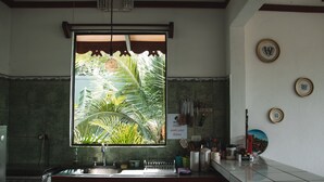 Una cocina con ventanal a un jardín tropical, un lavamanos y diversos utensilios de cocina sobre la encimera.