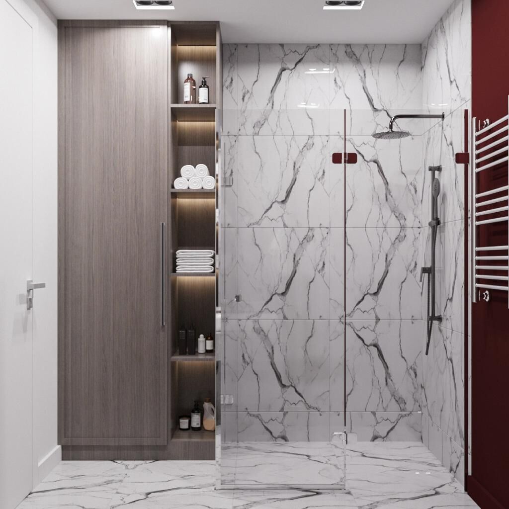 Une salle de bain moderne avec un mur de douche en marbre, un meuble-lavabo en bois doté d’étagères et une douche à parois de verre.