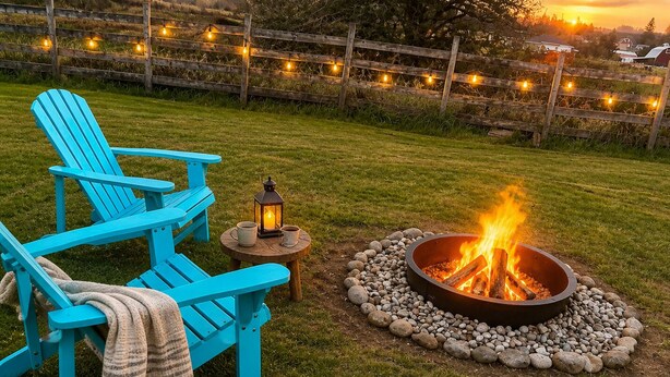 Uma cadeira Adirondack azul, uma mesa pequena com um candeeiro e um poço de fogo rodeado por pedras.