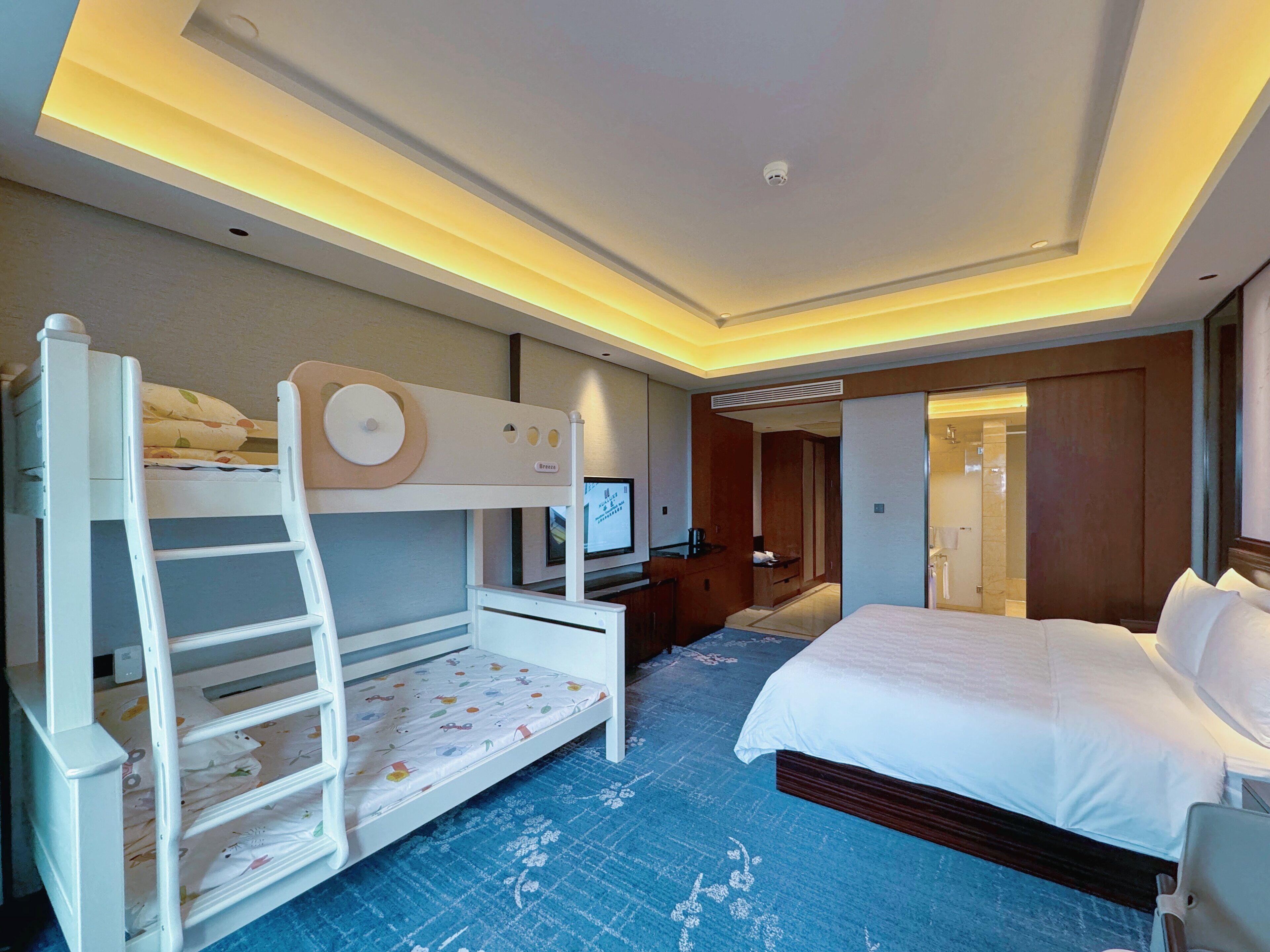 A hotel room with a bunk bed, a desk with a computer, a bed, and a shower area.