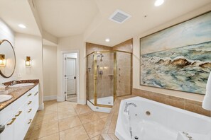 Shower, jetted tub, hair dryer, towels