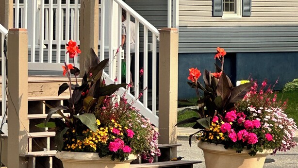 Une maison avec un porche et des marches menant à la porte d’entrée. Deux grands pots de fleurs sont placés sur le trottoir.