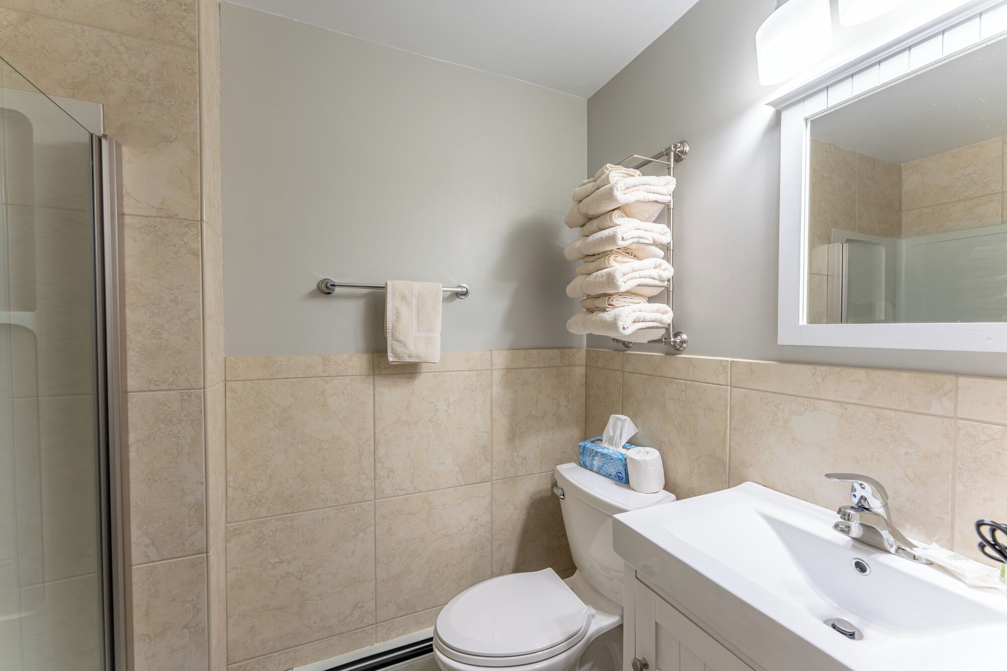 Une salle de bain avec des toilettes, un lavabo et une douche.