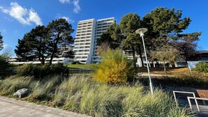 Un edificio alto de varios pisos, rodeado de árboles y un área pavimentada con bancos.