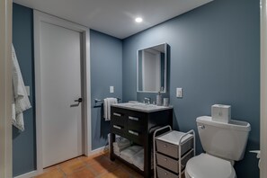Un bagno con il water bianco, un mobile contenitore scuro con uno specchio e un porta asciugamani.
