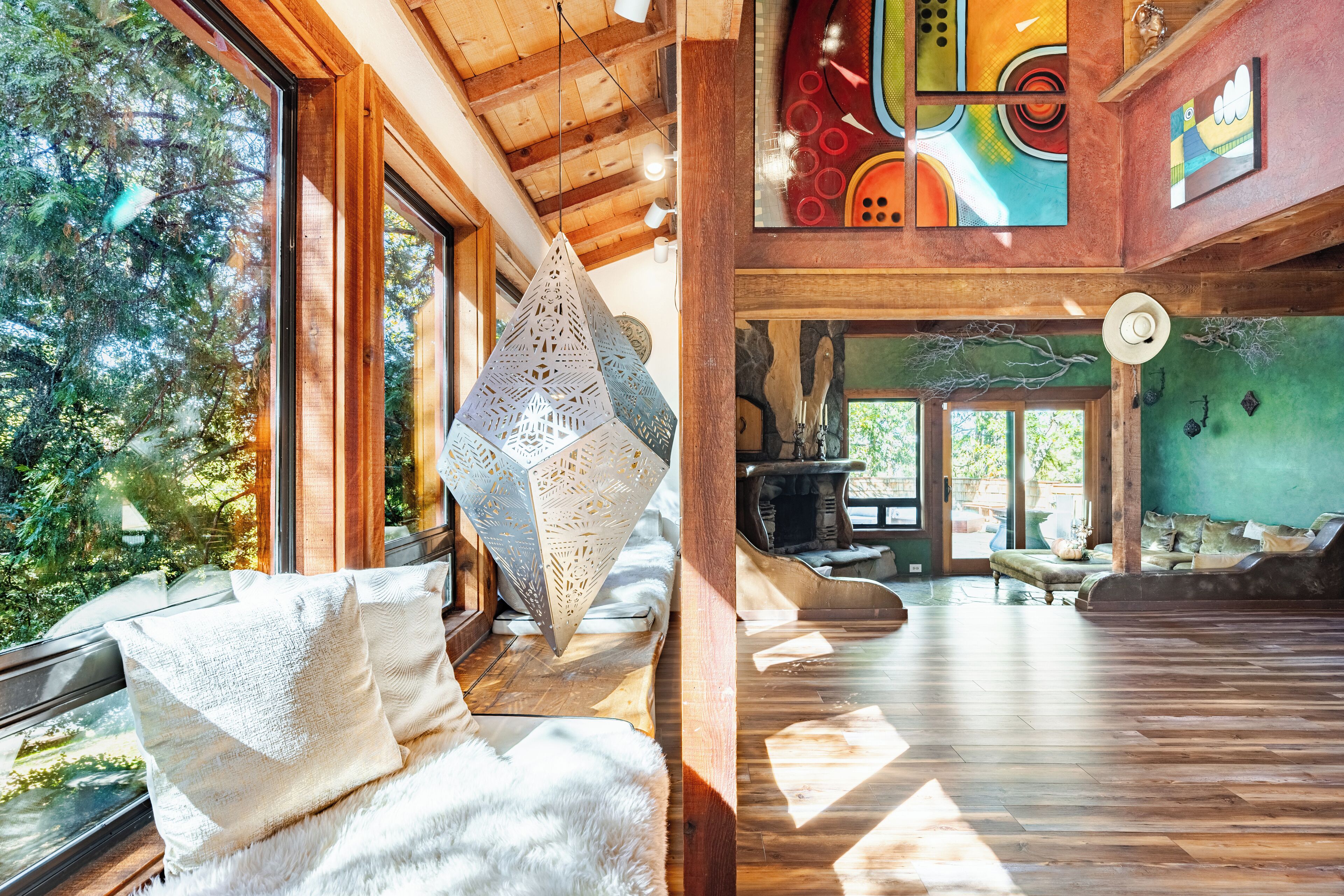 Geometric Art Lantern, forest-facing windows at The Faerie House in Idyllwild.