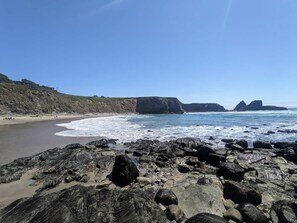 A rocky beach with waves, a sandy shore, and cliffs in the background. - Seaflower Cove: Spacious 4bd Oceanfront Retreat (Gualala)