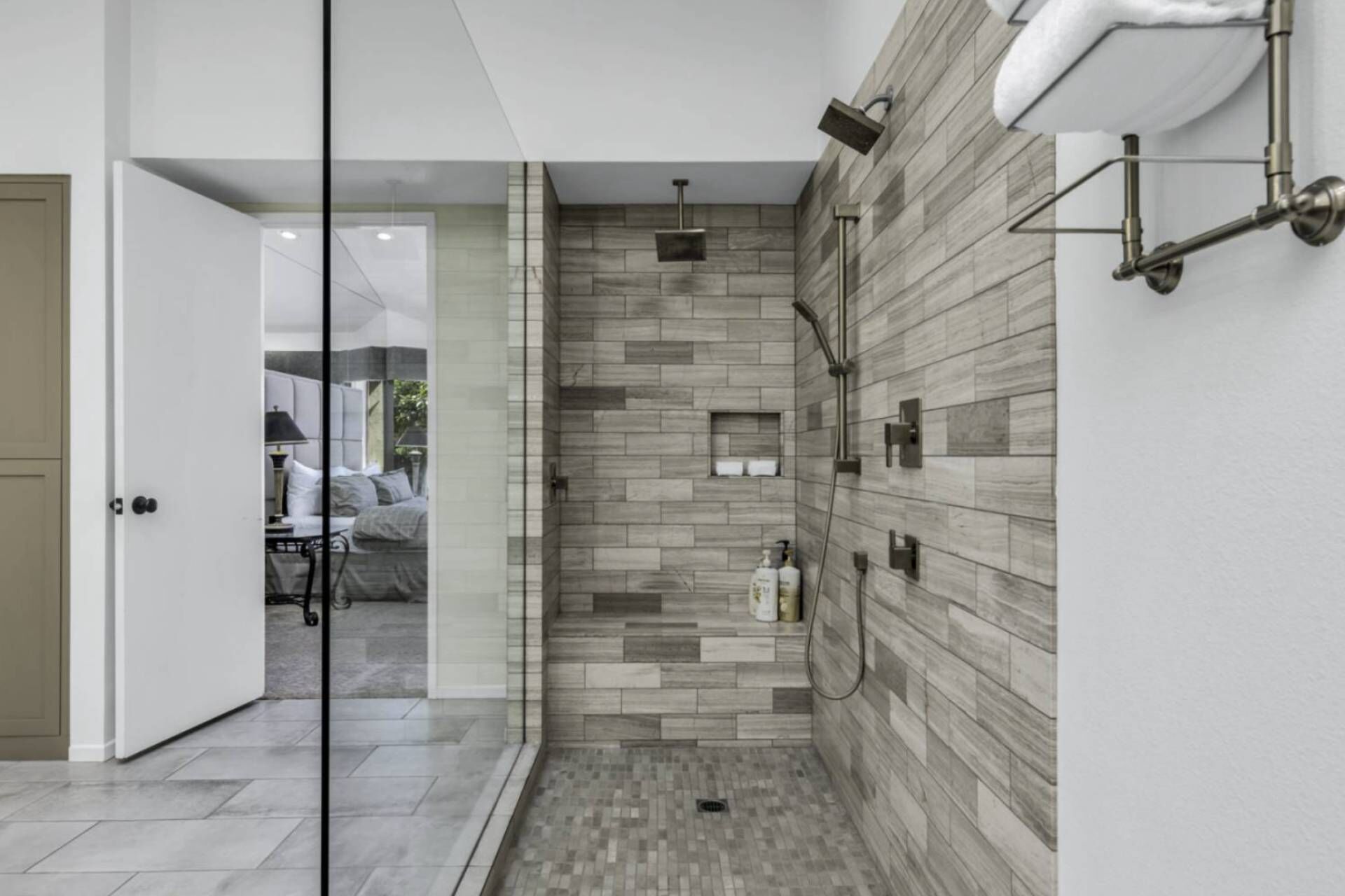 Shower, hair dryer, shampoo