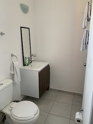 Pieni, siisti kylpyhuone, jossa on wc, pesuallas ja peili.