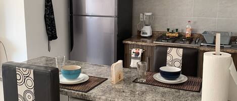 Fridge, microwave, oven, stovetop