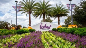 Segnaletica per una festa con un giardino di fiori viola e bianchi sullo sfondo.