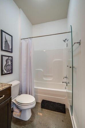 Combined shower/tub, hair dryer, towels, shampoo