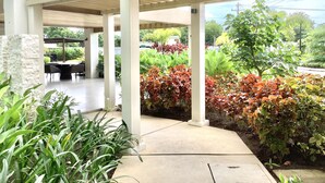 A covered outdoor area with a patio, seating, and various plants.