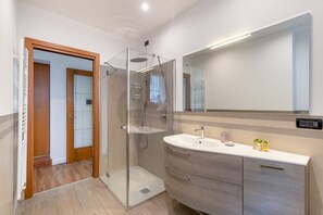 Shower, hair dryer, bidet, towels