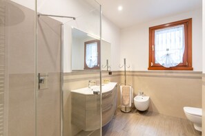 Shower, hair dryer, bidet, towels