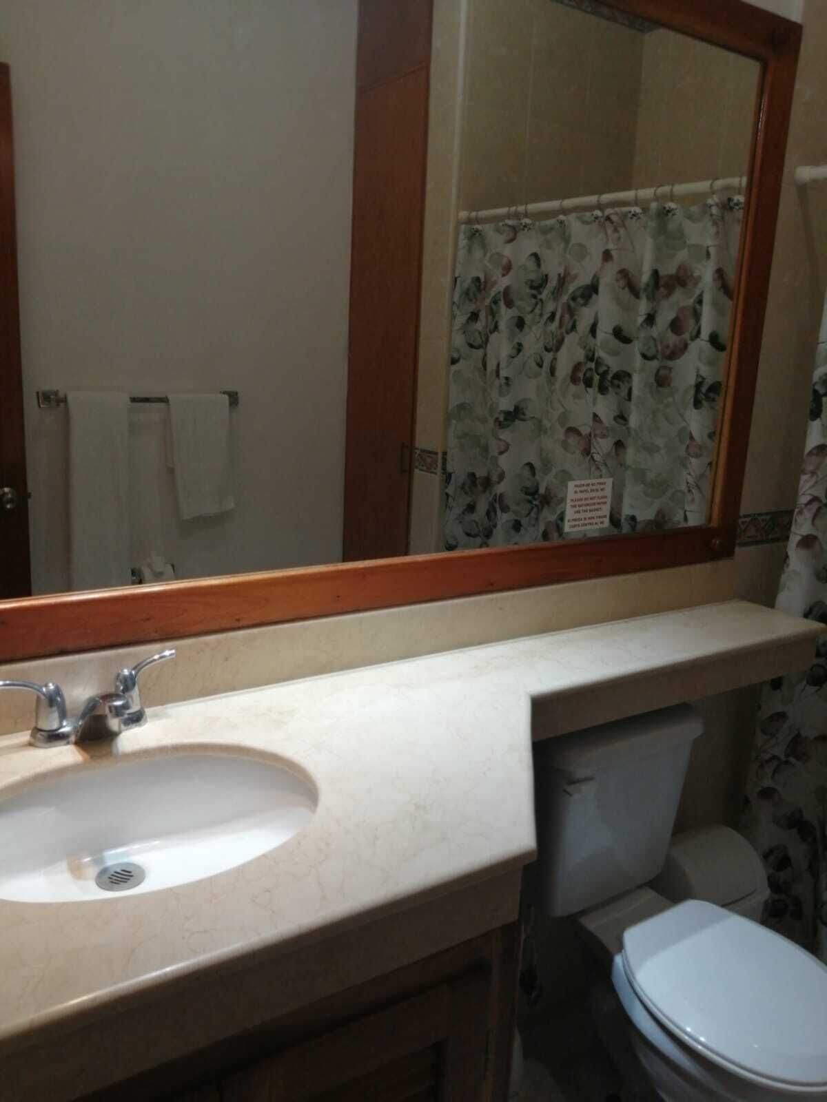 Een badkamer met een wastafel, spiegel en toilet.