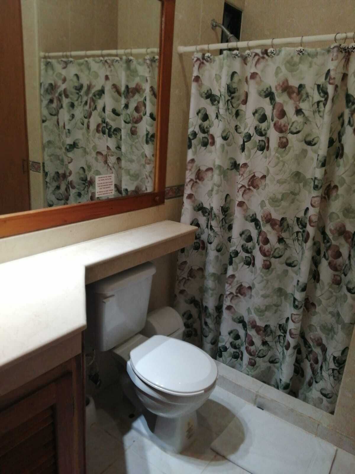 Une salle de bain avec des toilettes, un rideau de douche à motifs floraux et un miroir au-dessus du lavabo.