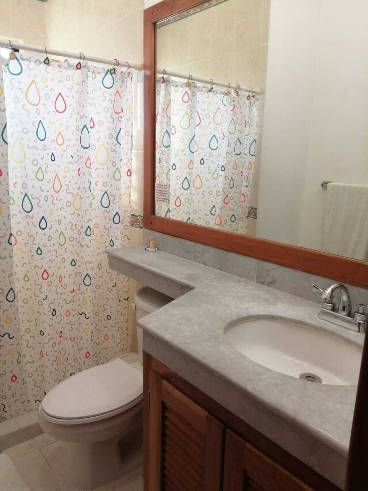 Une salle de bain avec des toilettes, un lavabo et un miroir.